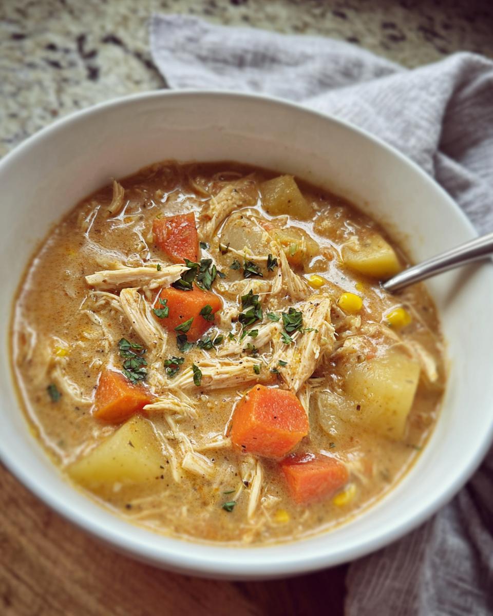Close-up of a white bowl filled with Creamy Slow Cooker Chicken Soup, featuring shredded chicken, carrots, and potatoes.