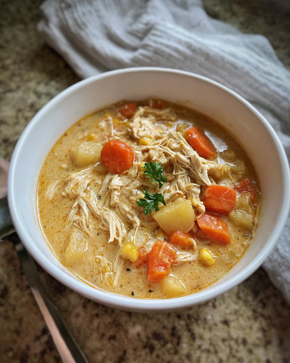 A close-up of a white bowl filled with Creamy Slow Cooker Chicken Soup, featuring shredded chicken, carrots, potatoes, and corn.