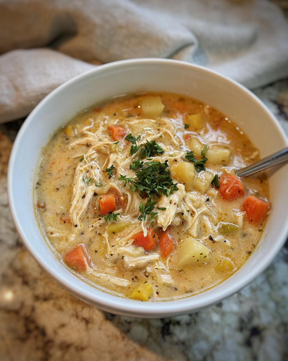 A close-up of a white bowl filled with Creamy Slow Cooker Chicken Soup, featuring shredded chicken, carrots, and potatoes.