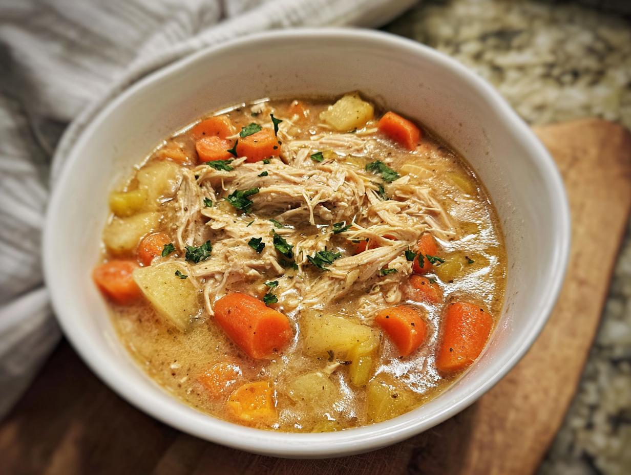 A close-up of a white bowl filled with Creamy Slow Cooker Chicken Soup featuring shredded chicken, carrots, and potatoes.