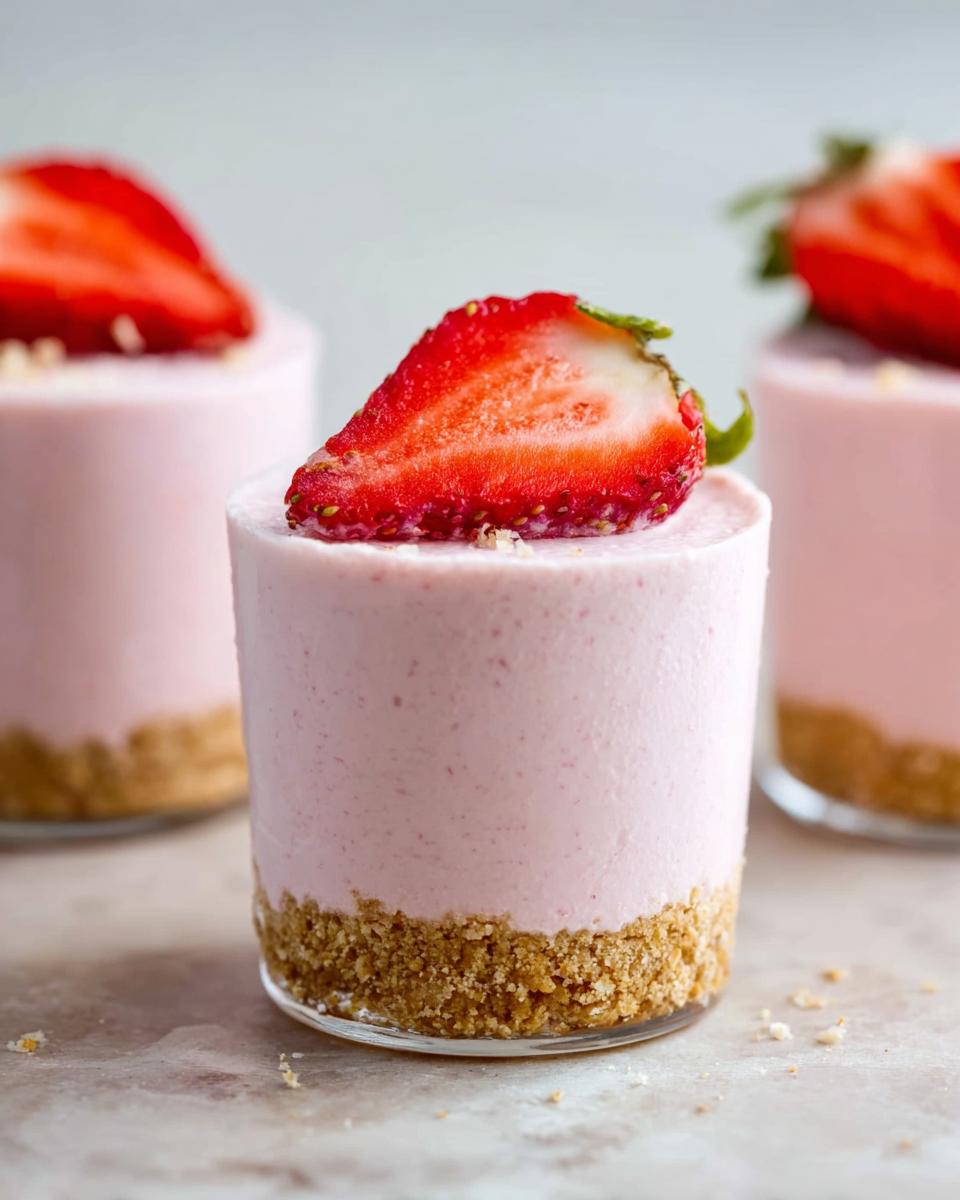 A close-up of one of the Creamy Strawberry Mousse Cups, featuring a pink mousse layer over a graham cracker crust, topped with a fresh strawberry slice.