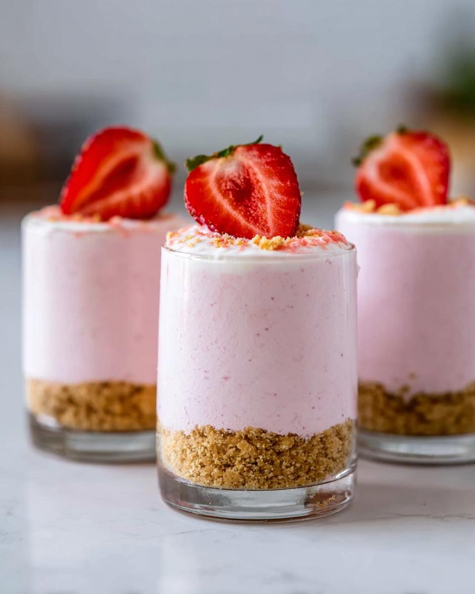Three individual Creamy Strawberry Mousse Cups layered with graham cracker crust and topped with fresh strawberry halves.