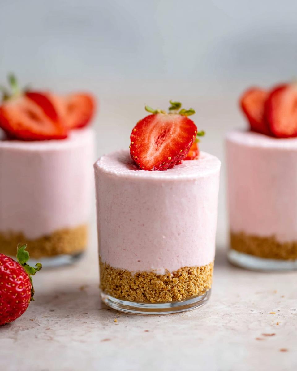 A close-up of individual Creamy Strawberry Mousse Cups with a graham cracker crust, topped with a fresh strawberry slice.