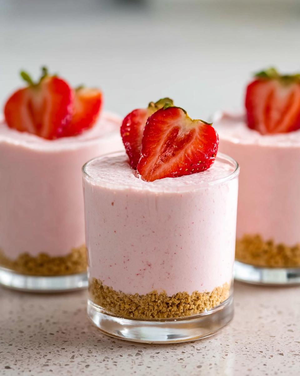 Close-up of individual Creamy Strawberry Mousse Cups layered over a graham cracker crust, topped with fresh sliced strawberries.