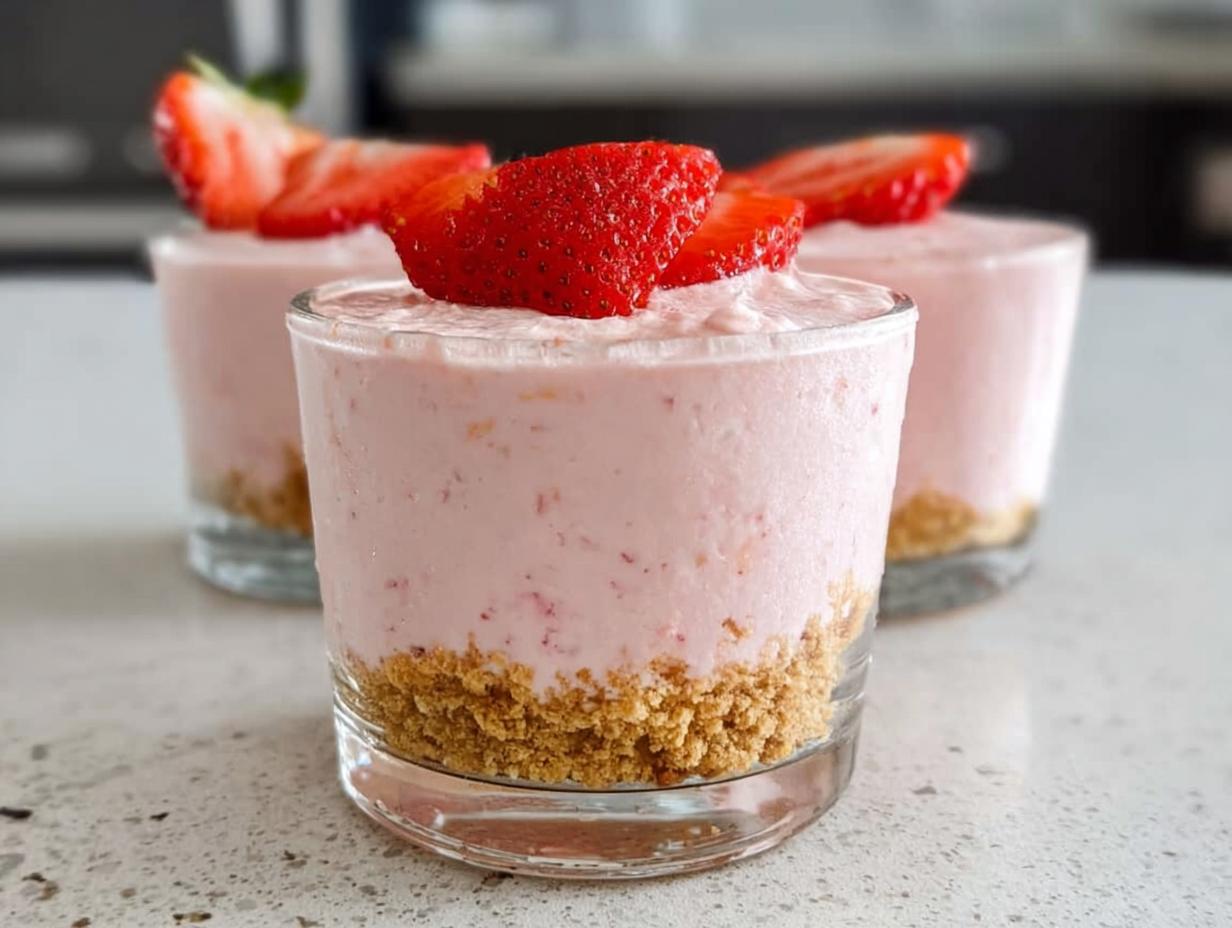 Three individual servings of Creamy Strawberry Mousse Cups layered over a graham cracker crust, topped with fresh strawberry slices.