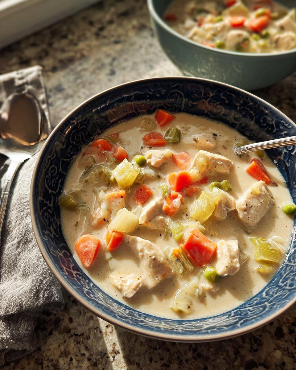 Close-up of a bowl of rich Creamy Turkey Soup filled with chunks of turkey, carrots, celery, and peas.