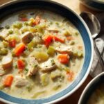 Close-up of a bowl of rich Creamy Turkey Soup featuring chunks of turkey, carrots, and celery.