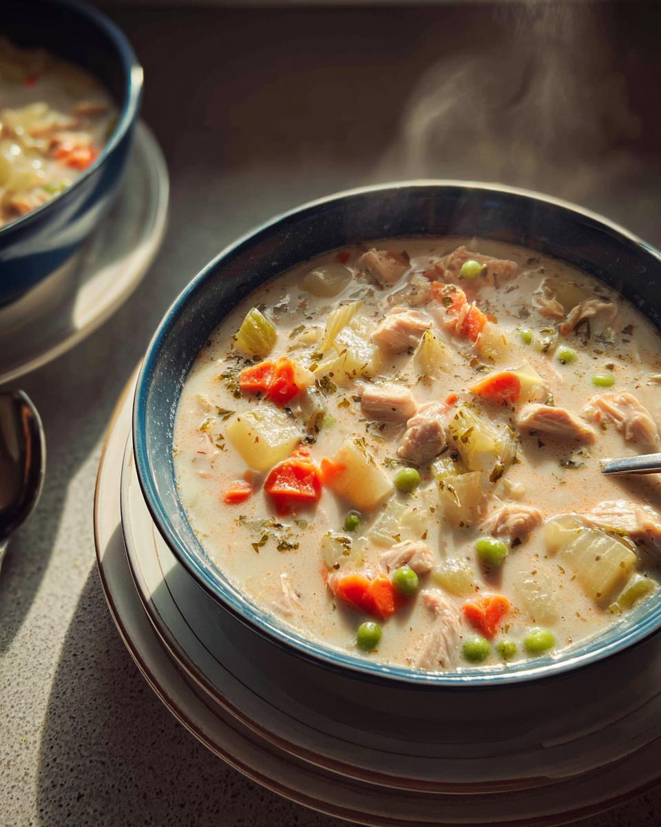 Close-up of a steaming bowl of Creamy Turkey Soup filled with chunks of turkey, carrots, potatoes, and peas in a rich broth.