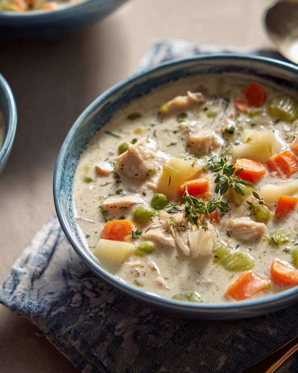 Close-up of a blue bowl filled with rich Creamy Turkey Soup featuring chunks of turkey, carrots, potatoes, and peas.