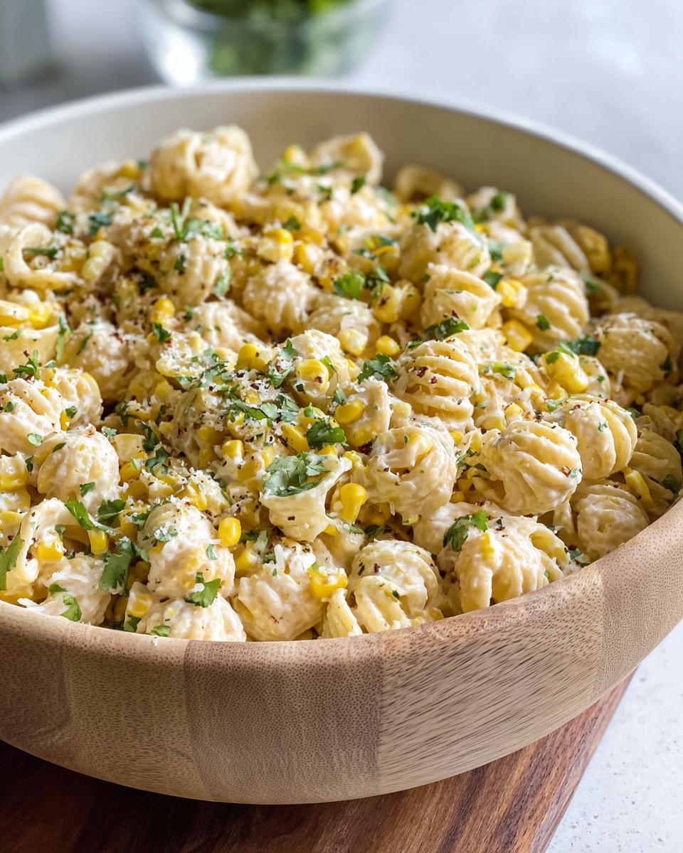 Close-up of creamy Vegetarian Street Corn Pasta Salad featuring shell pasta, corn kernels, and cilantro in a light wooden bowl.