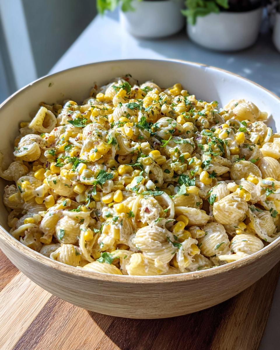 A large wooden bowl filled with creamy Vegetarian Street Corn Pasta Salad, topped with fresh cilantro.