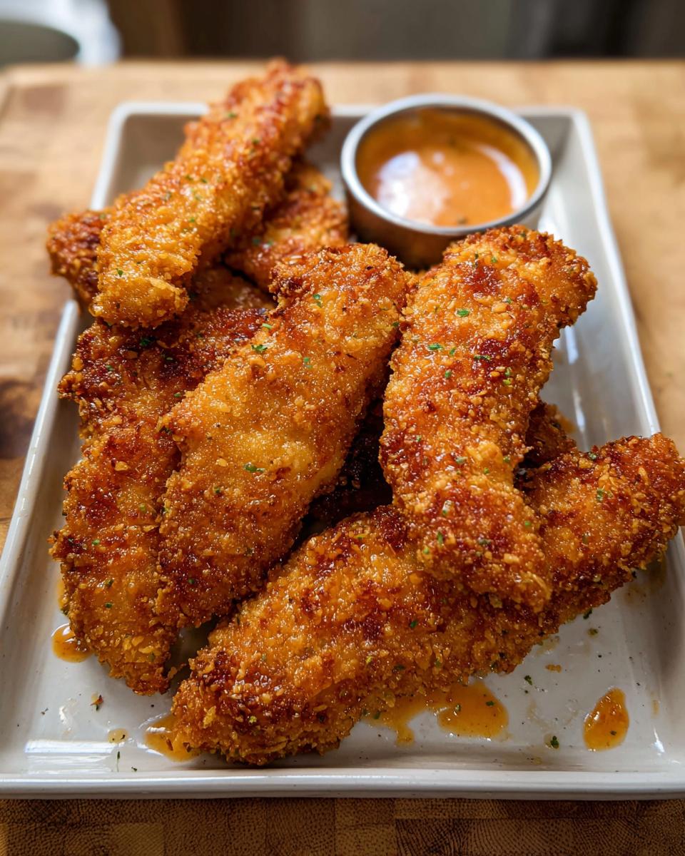 A close-up of golden brown, crispy Bang Bang Chicken Tenders piled on a white rectangular plate next to a small dipping cup of sauce.