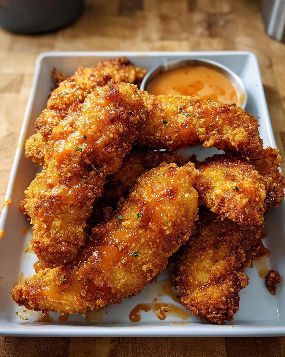 A plate piled high with golden brown, crispy Bang Bang Chicken Tenders drizzled with sauce and served with a side of dipping sauce.