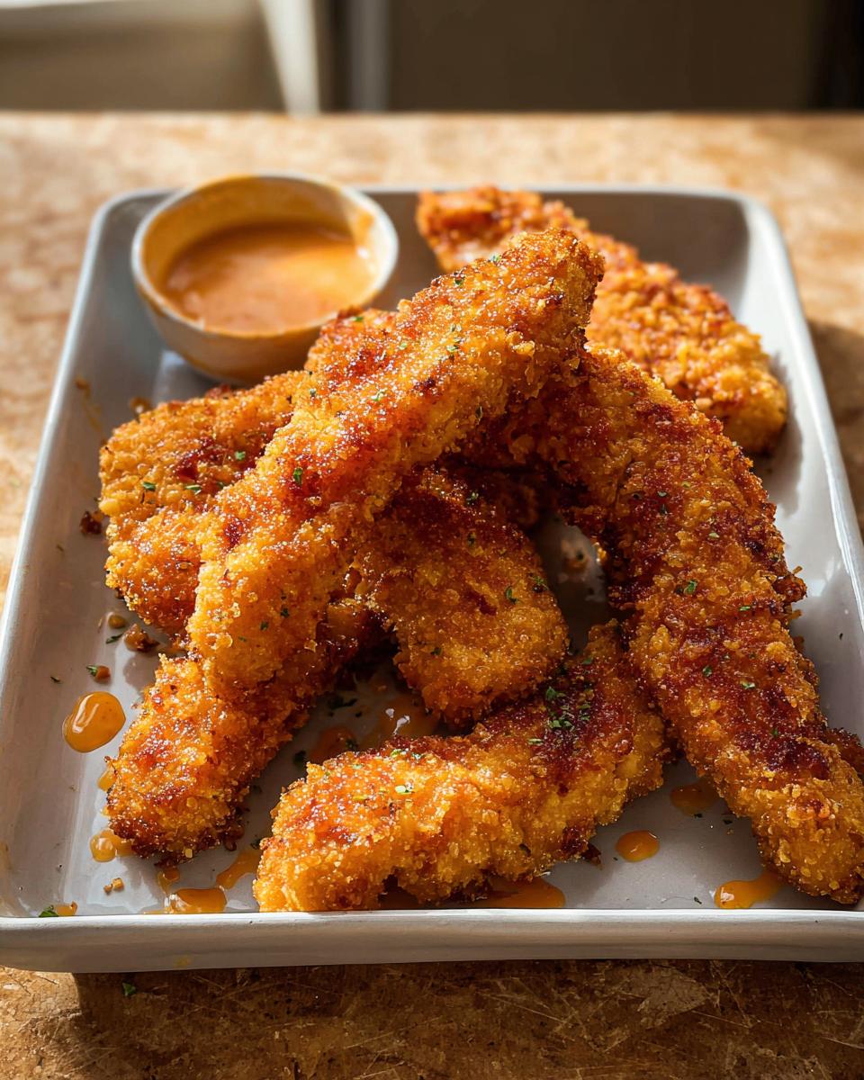 A plate piled high with golden brown, crispy Bang Bang Chicken Tenders served with a side of orange dipping sauce.