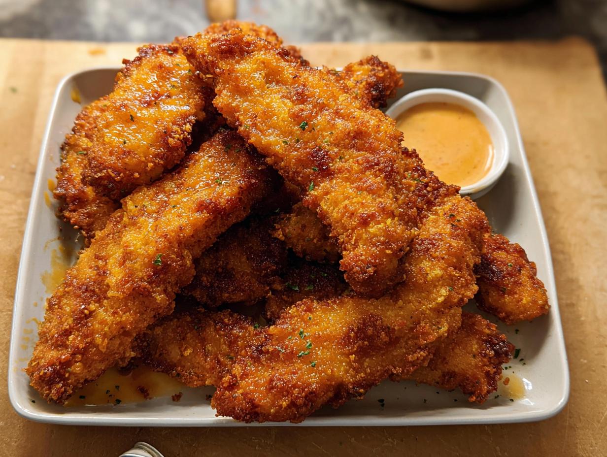 A plate piled high with golden brown, crispy Bang Bang Chicken Tenders served with a side of creamy orange dipping sauce.