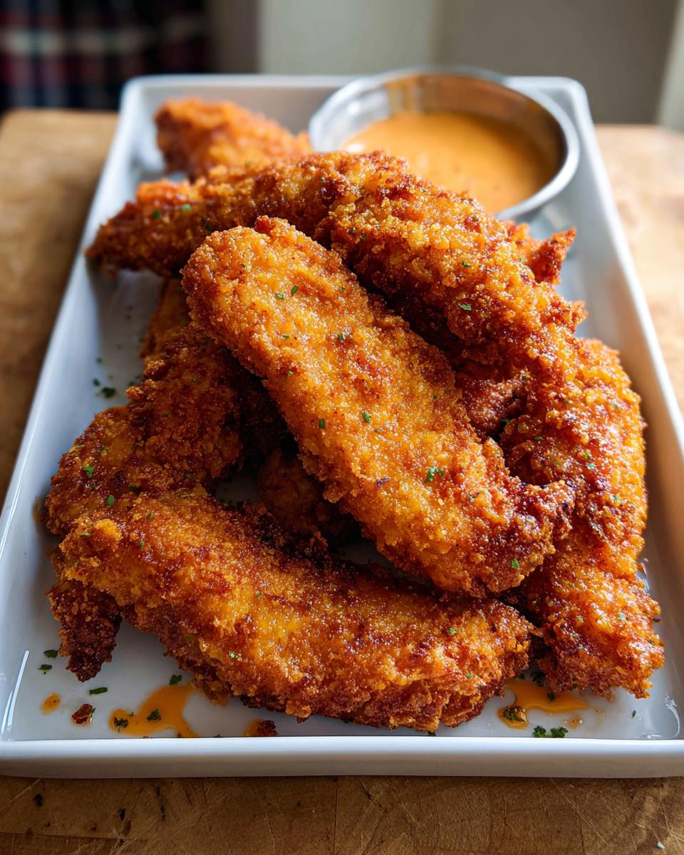 A pile of golden brown, crispy Bang Bang Chicken Tenders served on a white platter with a side of orange dipping sauce.