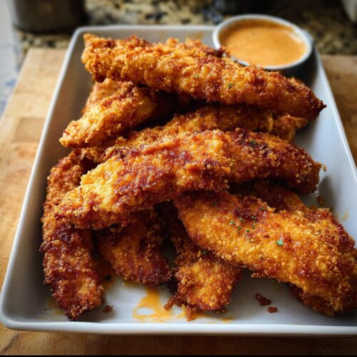 A pile of golden brown, crispy Bang Bang Chicken Tenders served on a white platter with a side of dipping sauce.
