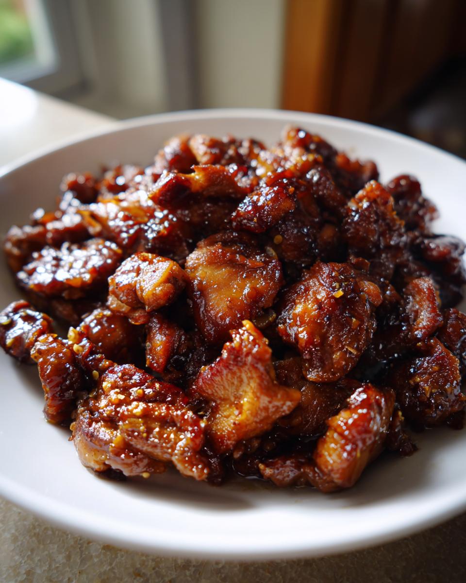 Close-up of tender chicken pieces coated in a thick, glossy sauce from the Crockpot Honey Soy Chicken recipe.