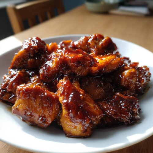 Close-up of tender pieces of Crockpot Honey Soy Chicken coated in a thick, dark, glossy sauce.