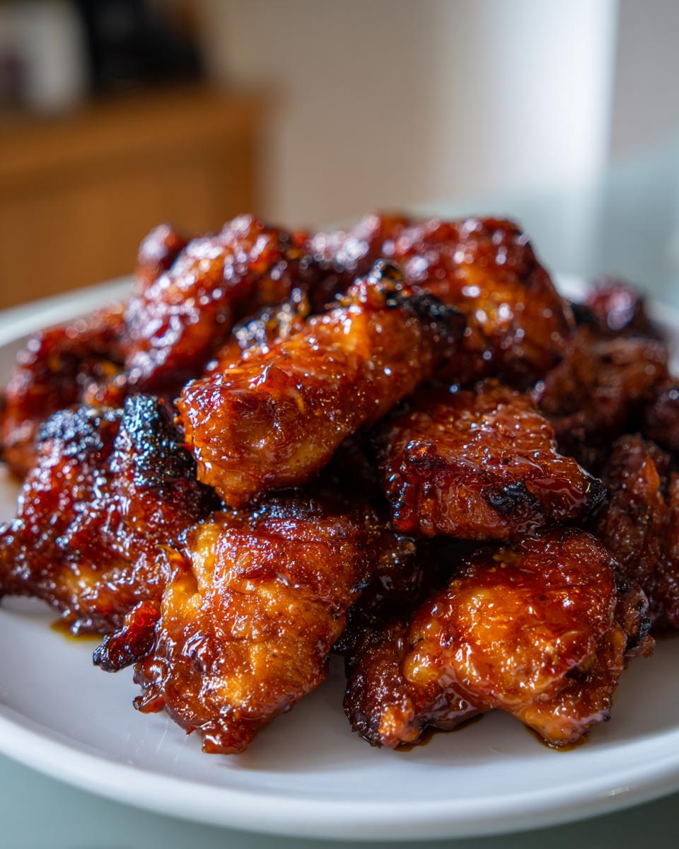 Close-up of sticky, caramelized Crockpot Honey Soy Chicken pieces piled high on a white plate.