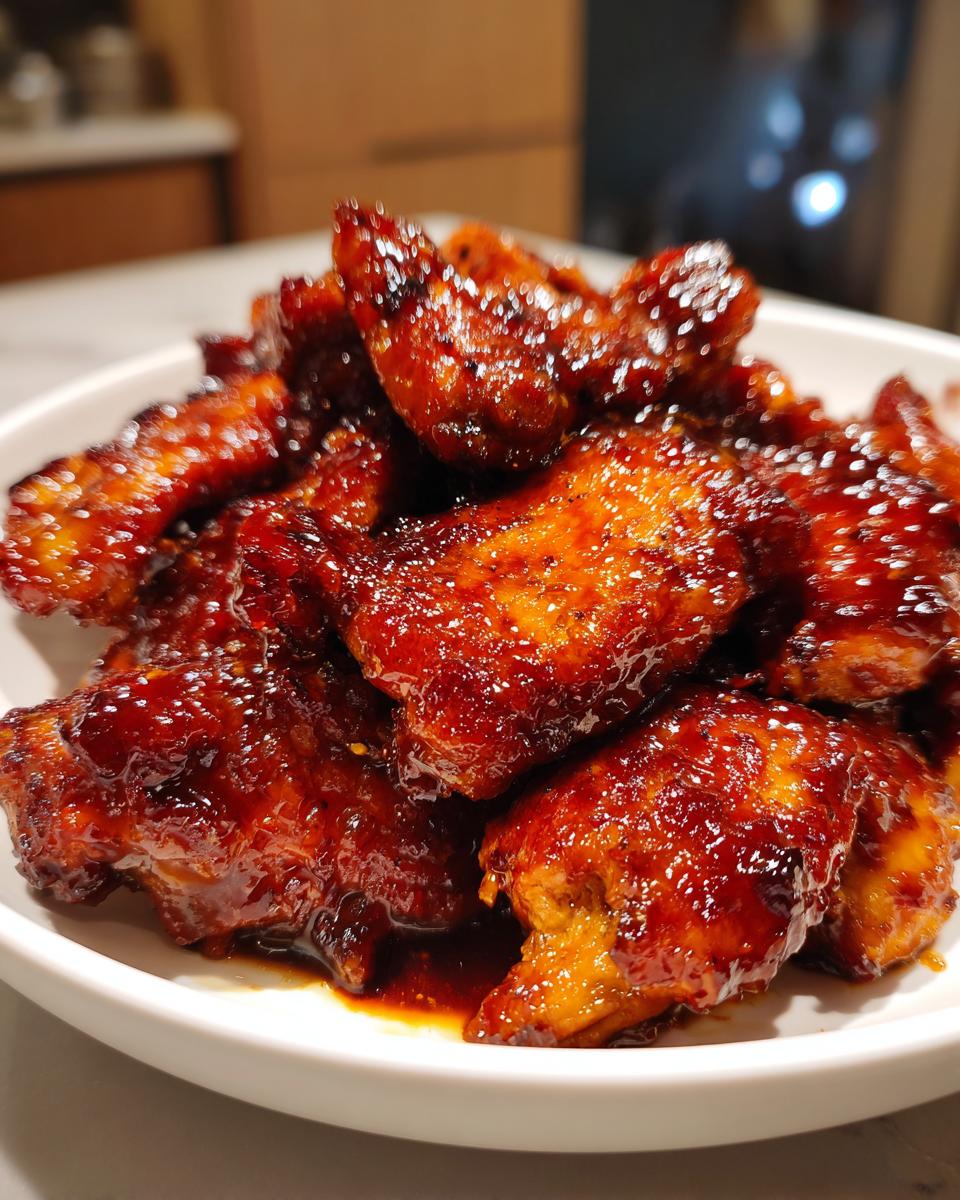 Close-up of tender pieces of Crockpot Honey Soy Chicken coated in a thick, glossy, dark amber glaze.