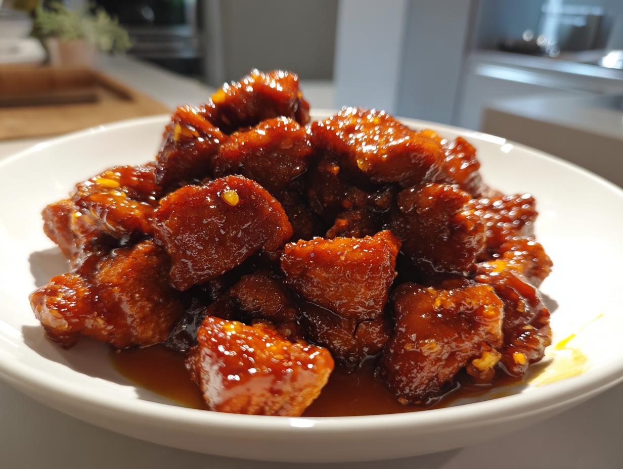 Close-up of sticky, glazed pieces of Crockpot Honey Soy Chicken piled high on a white plate.