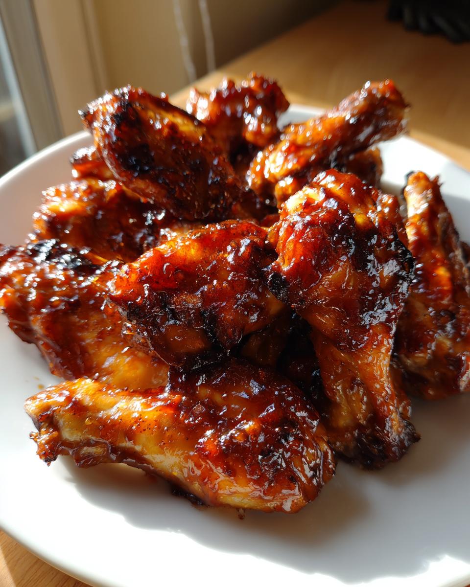 Close-up of sticky, glazed Crockpot Honey Soy Chicken wings piled high on a white plate.