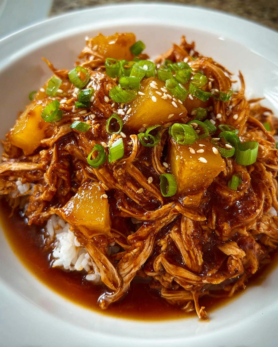 Shredded Crockpot Pineapple Teriyaki Chicken served over white rice, topped with pineapple chunks, green onions, and sesame seeds.