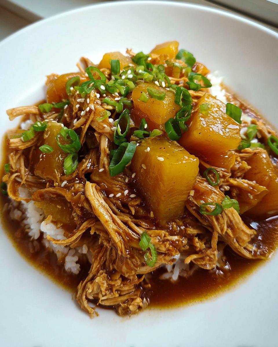 Shredded Crockpot Pineapple Teriyaki Chicken served over white rice, topped with pineapple chunks, green onions, and sesame seeds.