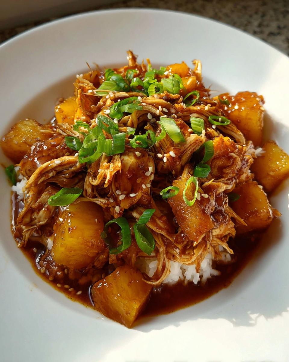 Shredded Crockpot Pineapple Teriyaki Chicken served over white rice, topped with pineapple chunks, green onions, and sesame seeds.