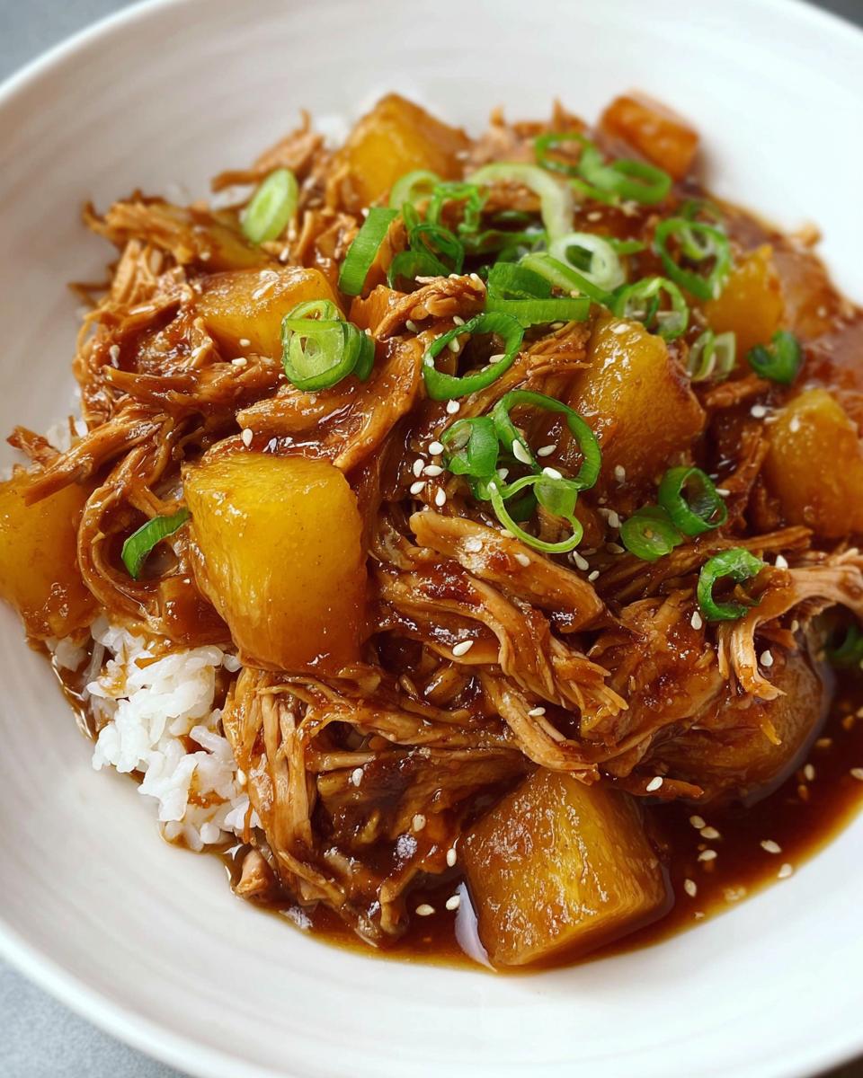 Close-up of Crockpot Pineapple Teriyaki Chicken, shredded and coated in sauce, served over white rice and topped with pineapple chunks, green onions, and sesame seeds.