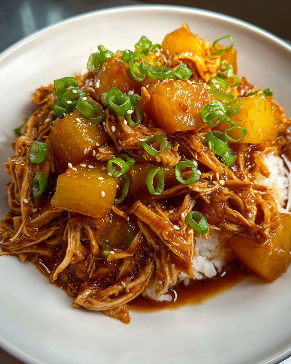 A bowl of shredded Crockpot Pineapple Teriyaki Chicken served over white rice, topped with pineapple chunks and green onions.
