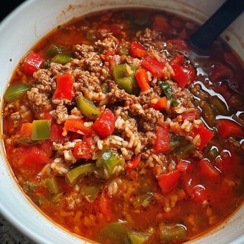 Close-up of a white bowl filled with rich, red Crockpot Stuffed Pepper Soup featuring ground meat, rice, and chunks of red and green peppers.