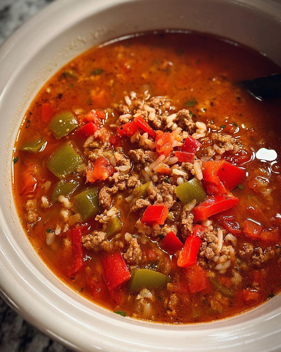 A close-up view of hearty Crockpot Stuffed Pepper Soup featuring ground meat, rice, and chunks of red and green bell peppers in a rich tomato broth.