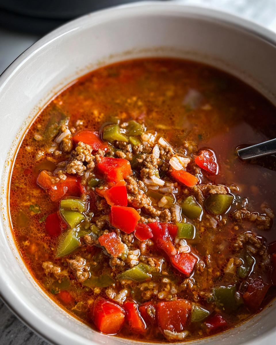 A close-up view of a bowl filled with rich, red Crockpot Stuffed Pepper Soup, featuring ground meat, rice, and chunks of red and green bell peppers.