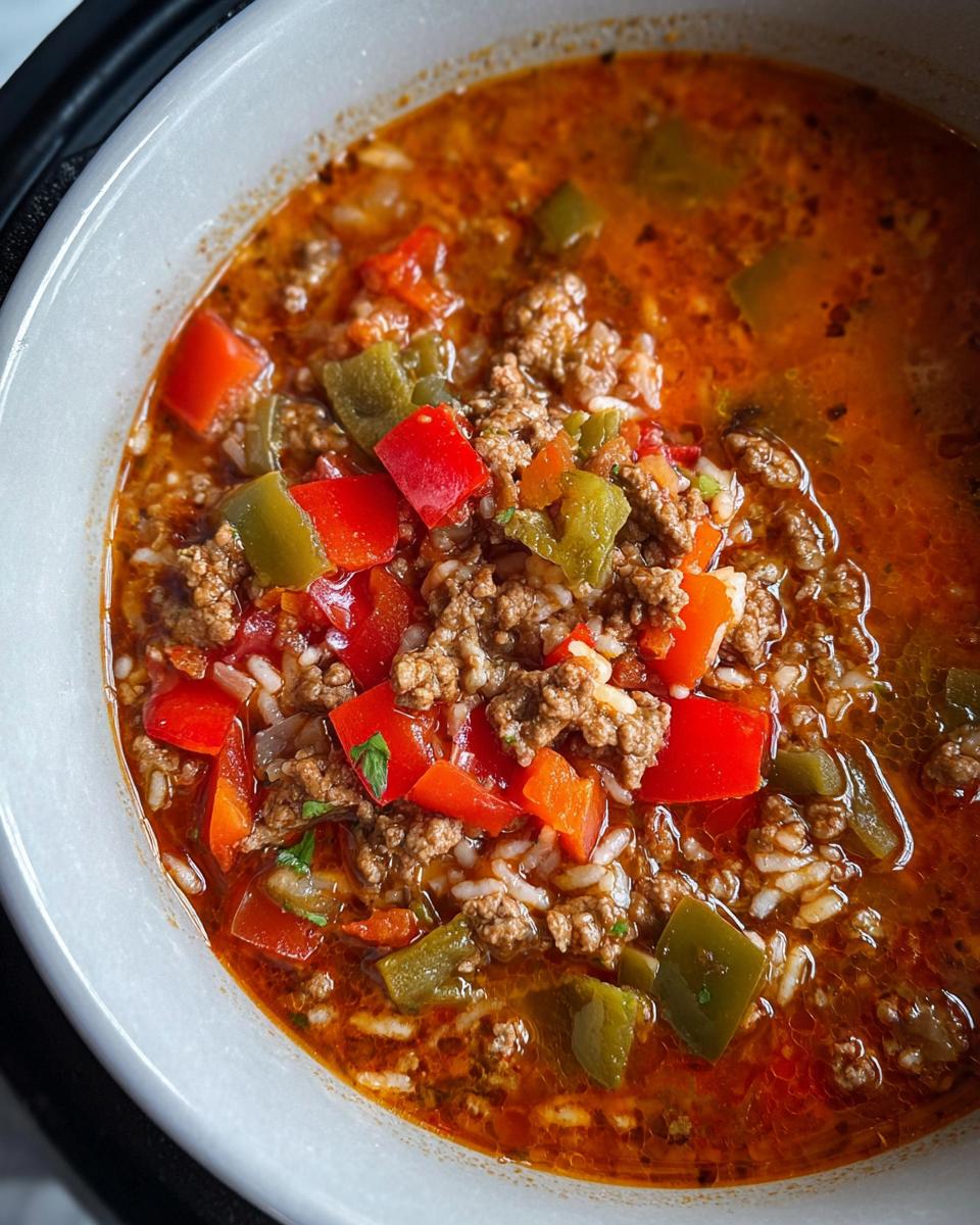 A close-up view of a bowl filled with rich, red Crockpot Stuffed Pepper Soup featuring ground meat, rice, and diced red and green peppers.