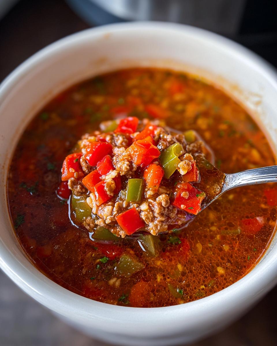 A spoonful of rich Crockpot Stuffed Pepper Soup showing ground meat, red, and green peppers.