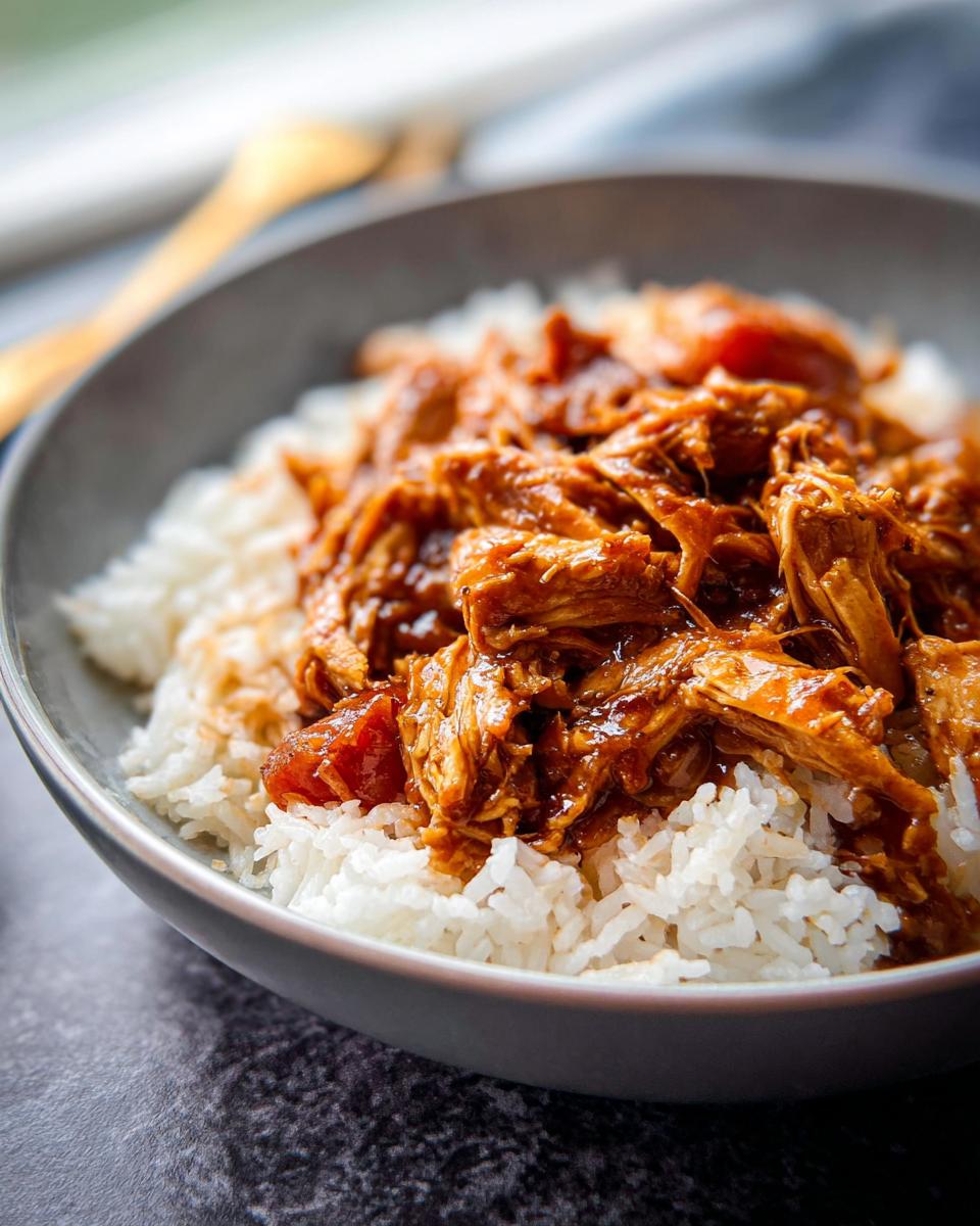 A close-up of shredded Crockpot Teriyaki Chicken served generously over a bed of fluffy white rice in a gray bowl.