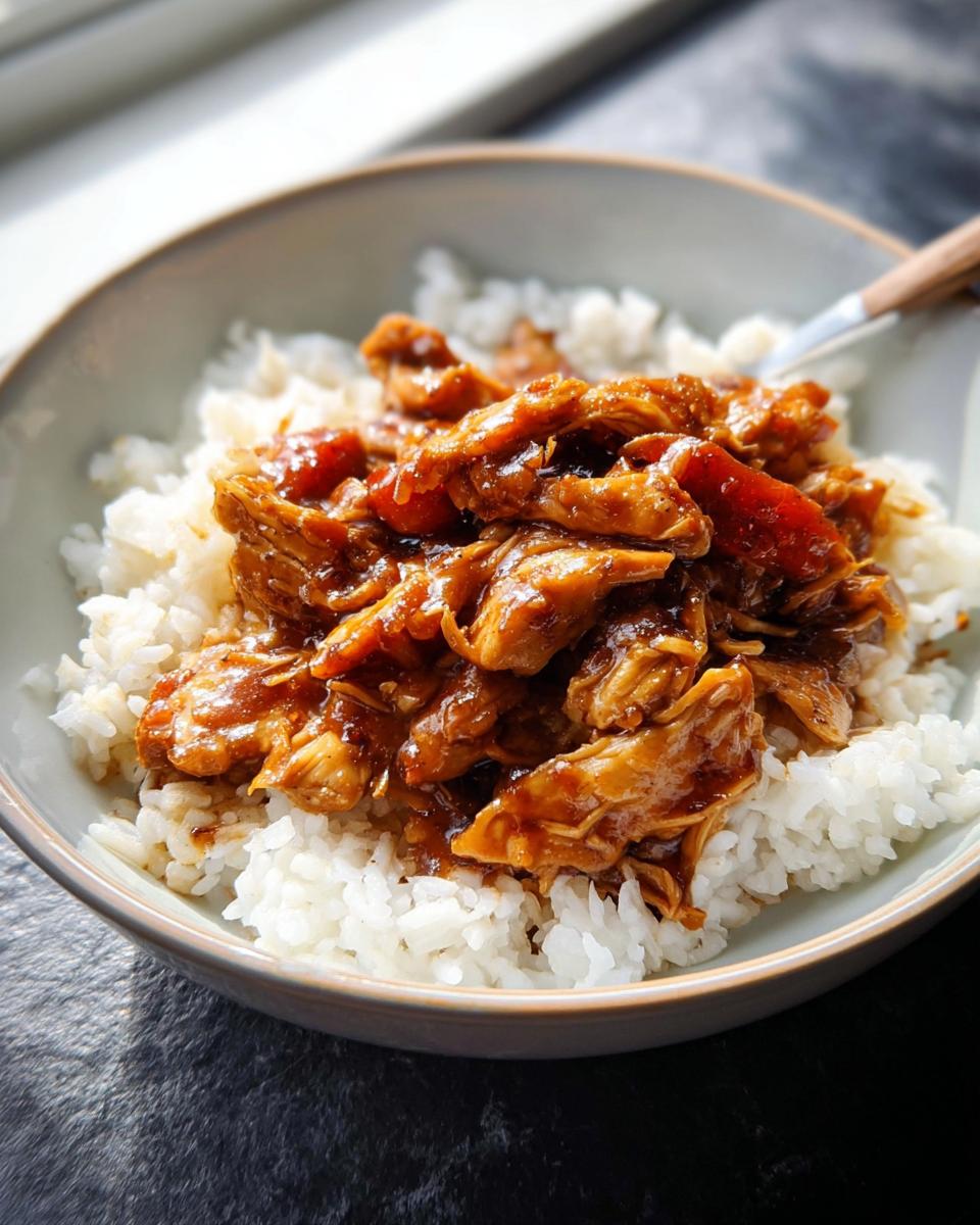 Shredded Crockpot Teriyaki Chicken served over a bed of fluffy white rice in a light blue bowl.