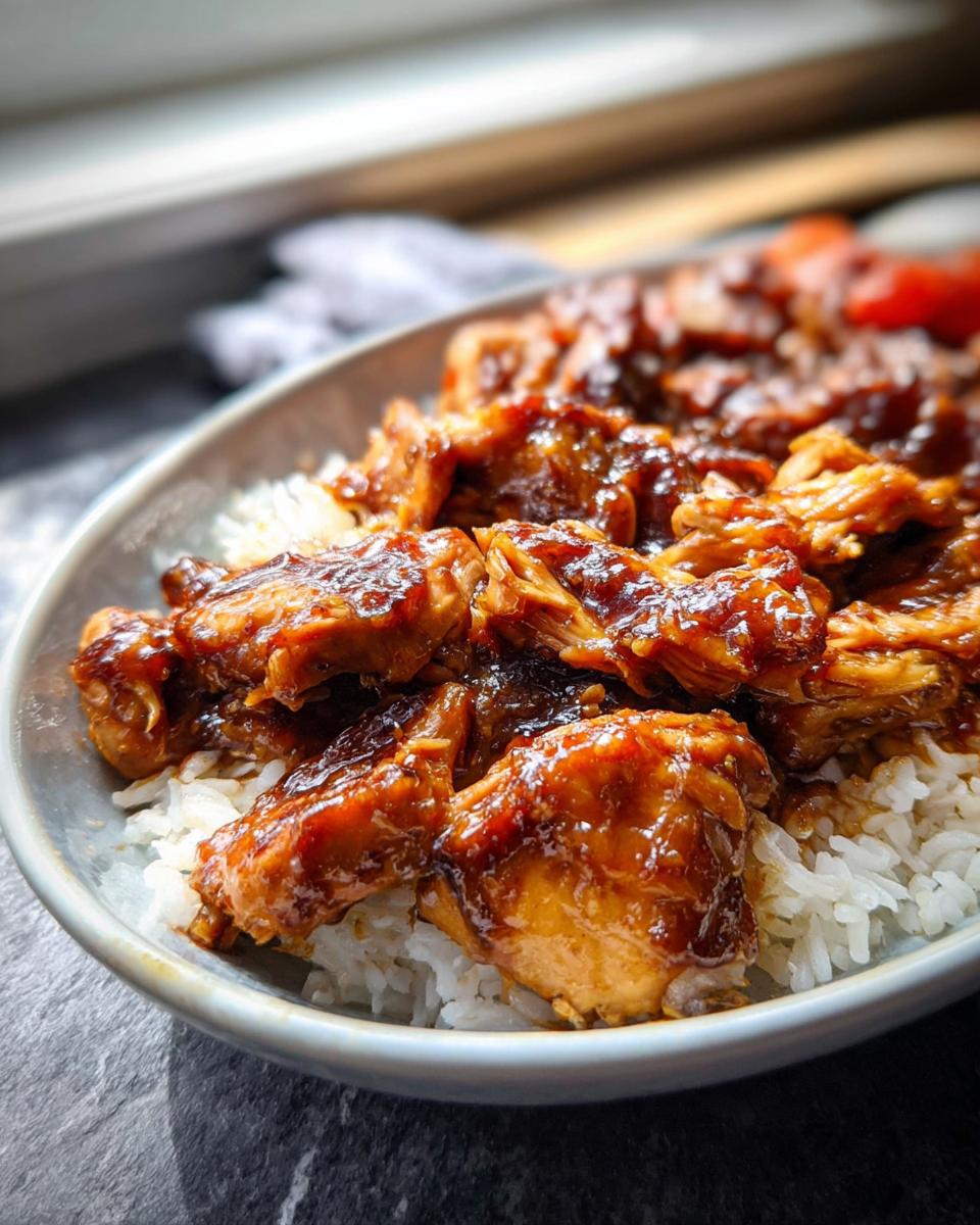 Close-up of shredded Crockpot Teriyaki Chicken Freezer Meal served over white rice in a bowl.