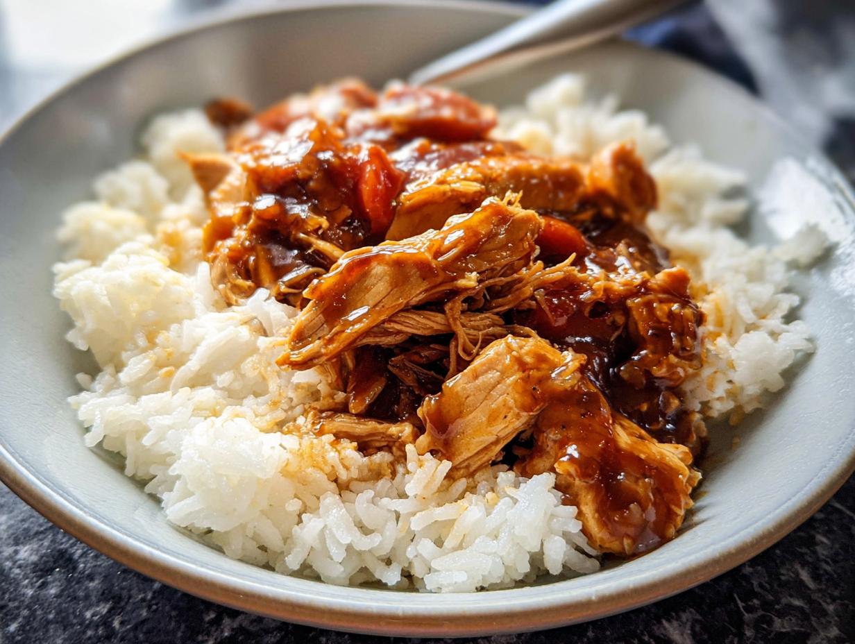A bowl of shredded Crockpot Teriyaki Chicken served over fluffy white rice, coated in a glossy sauce.