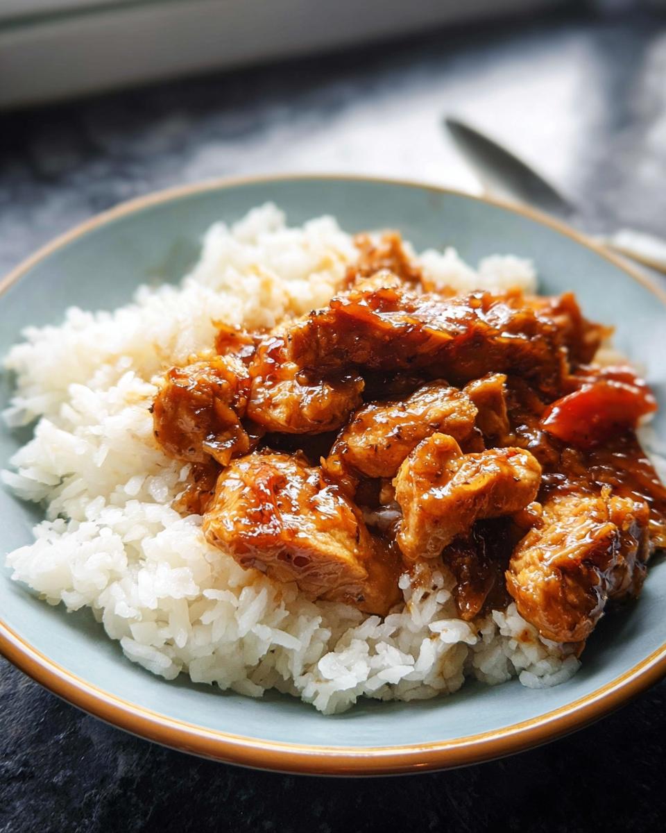 A close-up of cooked Crockpot Teriyaki Chicken pieces coated in a glossy sauce served over a bed of white rice in a light blue bowl.