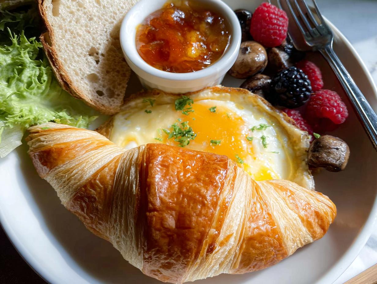 A plate featuring a flaky croissant, sunny-side-up egg, berries, and jam for a French Café Style Breakfast at Home.