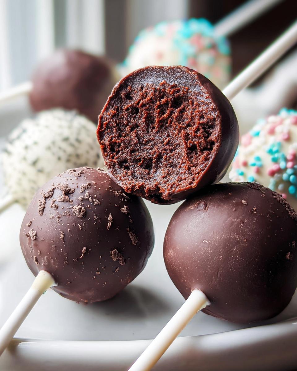 Close-up of three Chocolate Cake Pops, one cut in half showing the dense, moist interior.