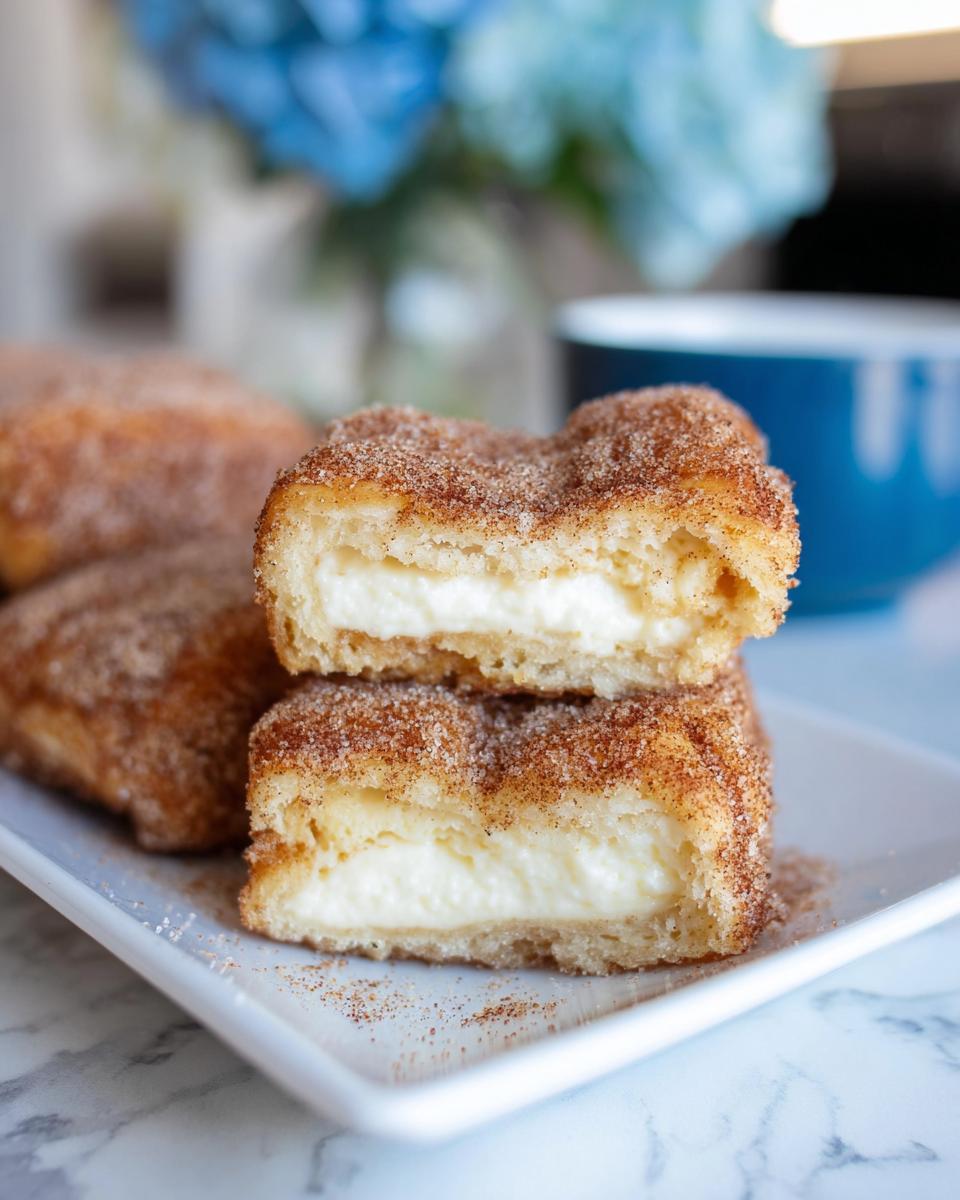 Close-up of two stacked Churro Cheesecake Bites cut in half, showing the creamy white filling inside a cinnamon-sugar coated pastry.