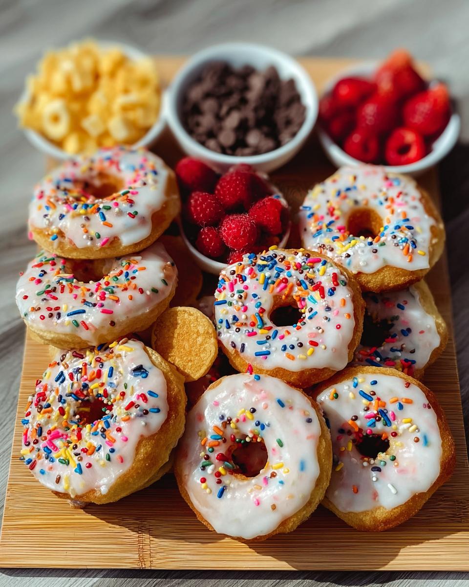 A wooden board featuring glazed donuts with sprinkles, surrounded by bowls of toppings like raspberries, chocolate chips, and cereal for a Fun Weekend Breakfast Idea.