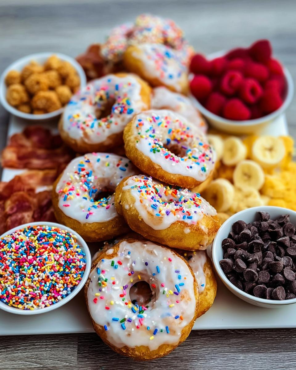 A decadent donut board featuring glazed donuts with sprinkles, bacon, fruit, and chocolate chips—a perfect Fun Weekend Breakfast Idea.