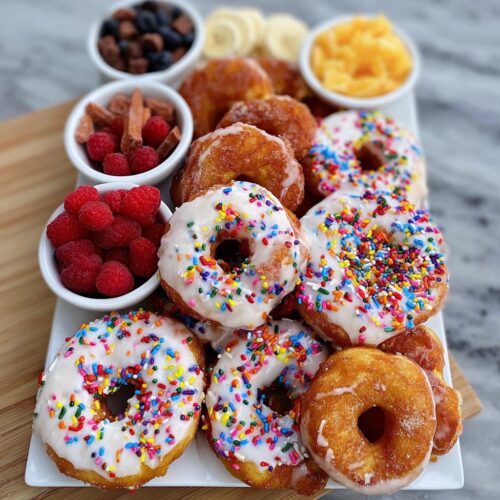 A platter piled high with glazed and sprinkle donuts, served alongside bowls of fresh raspberries, blueberries, and fruit.