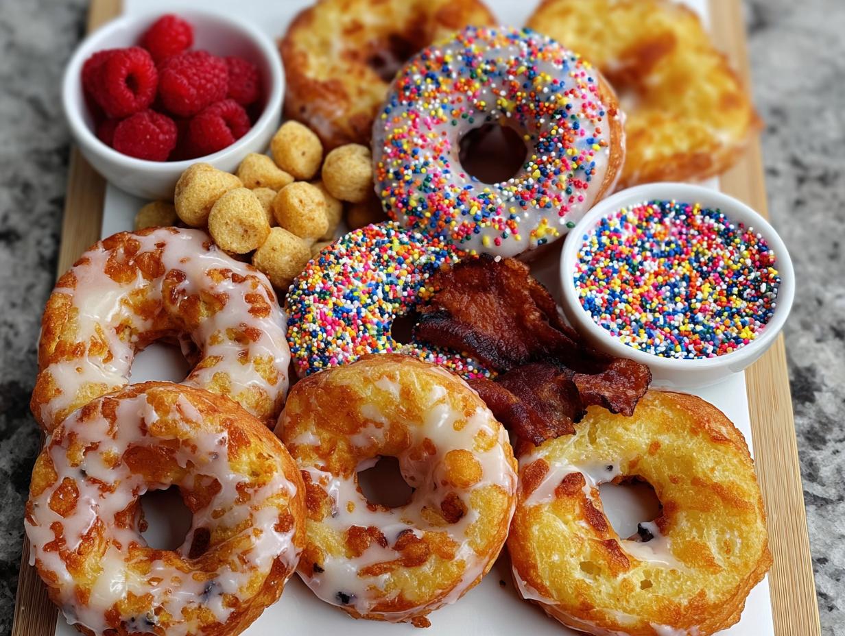 A platter featuring various donuts, bacon, raspberries, and bowls of sprinkles, perfect for a Fun Weekend Breakfast Idea.