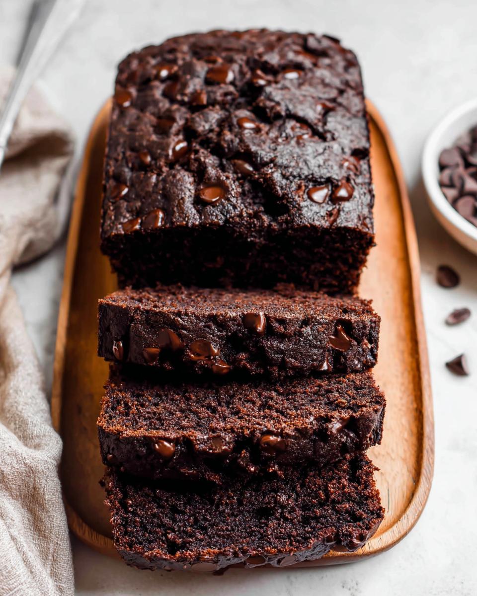 A loaf of rich, dark Double Chocolate Banana Bread, partially sliced and stacked on a wooden board.